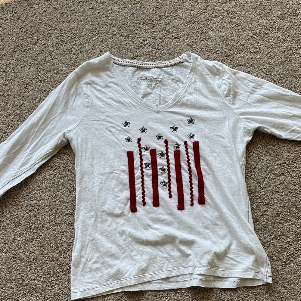 Stylish White Long Sleeve Top with Red and Blue/Star Design. LIKE NEW